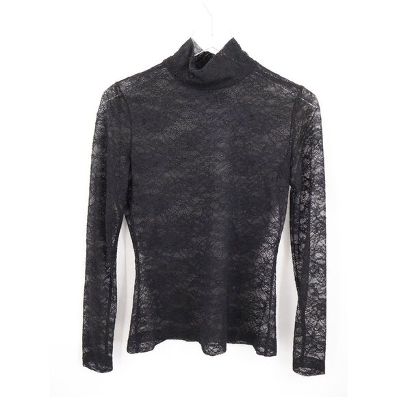 St. John Women’s Lace Mock Neck Top Black Long Sleeve Sheer Blouse Size P Petite - Picture 3 of 15